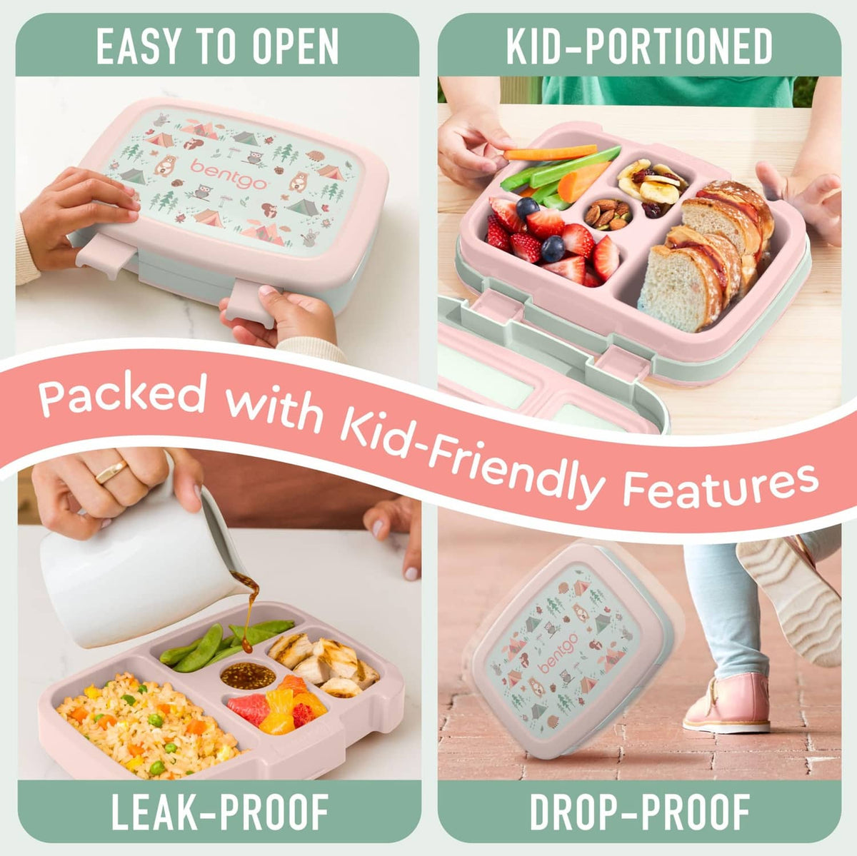 Bentgo kids leak-proof lunch box shown open with kid portions and snack compartments
