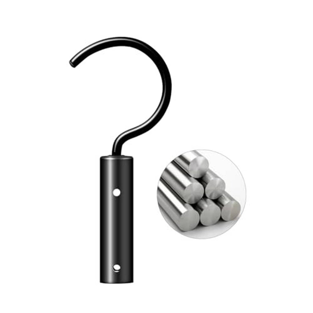 Pool cleaner hook with arched top, dark metal cylinder body, two mounting holes