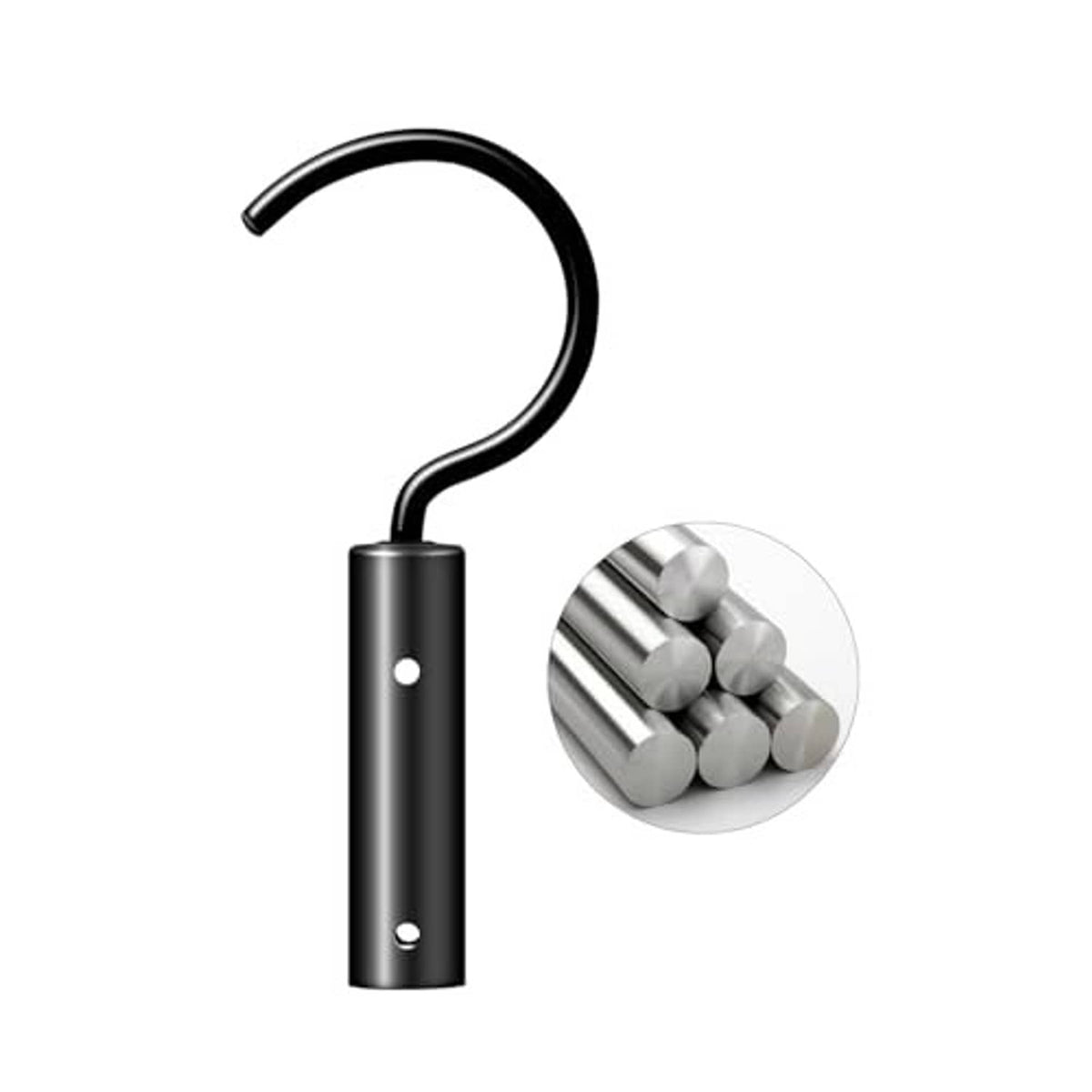 Pool cleaner hook with arched top, dark metal cylinder body, two mounting holes