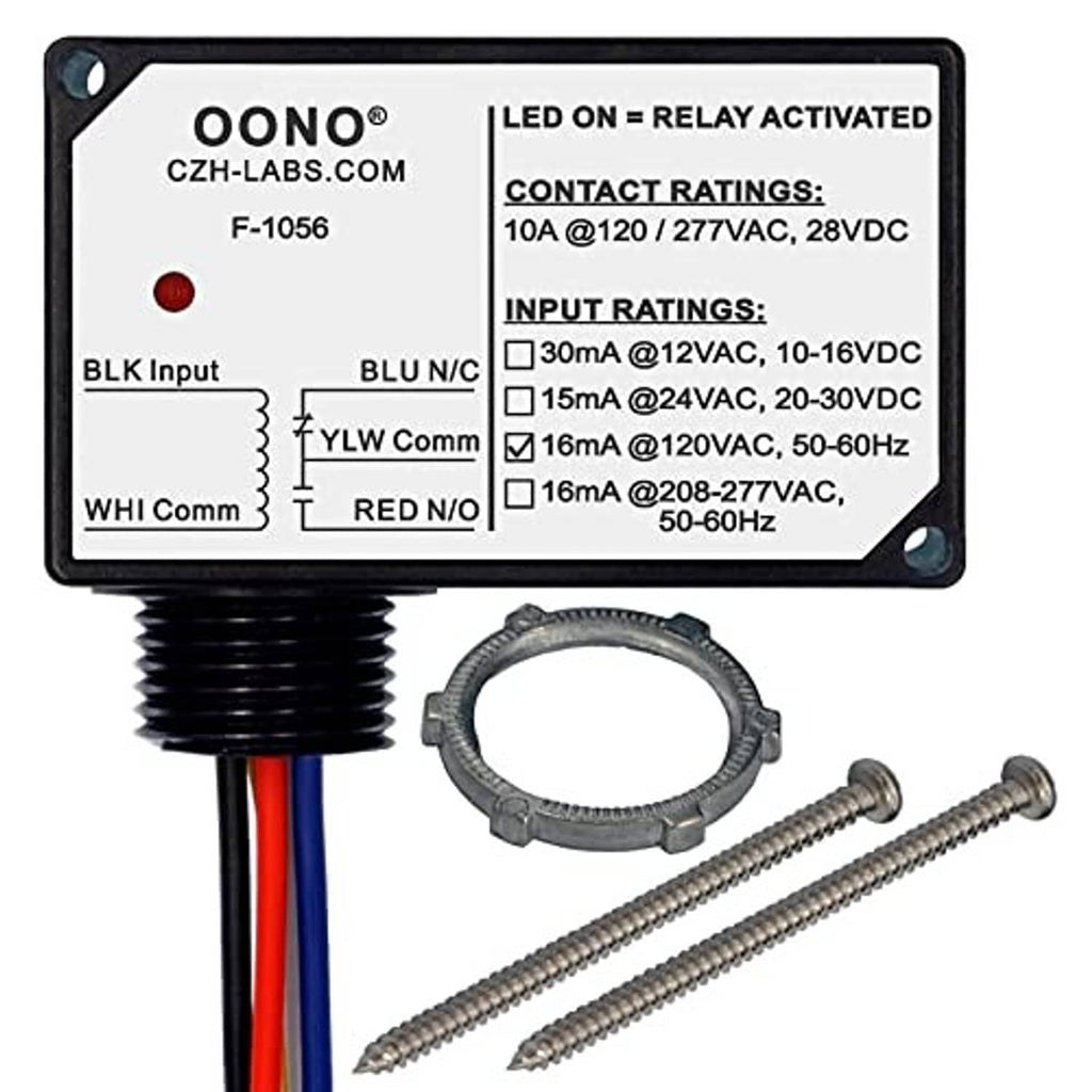 Power relay module with black enclosure, contact/input rating label, wire leads, and mounting ring.