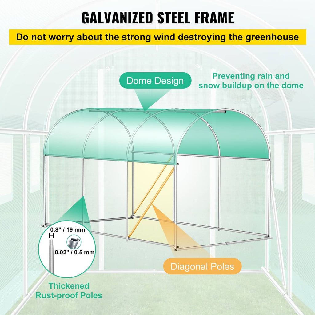 Greenhouse tunnel frame with clear green dome cover and diagonal support poles, interior view