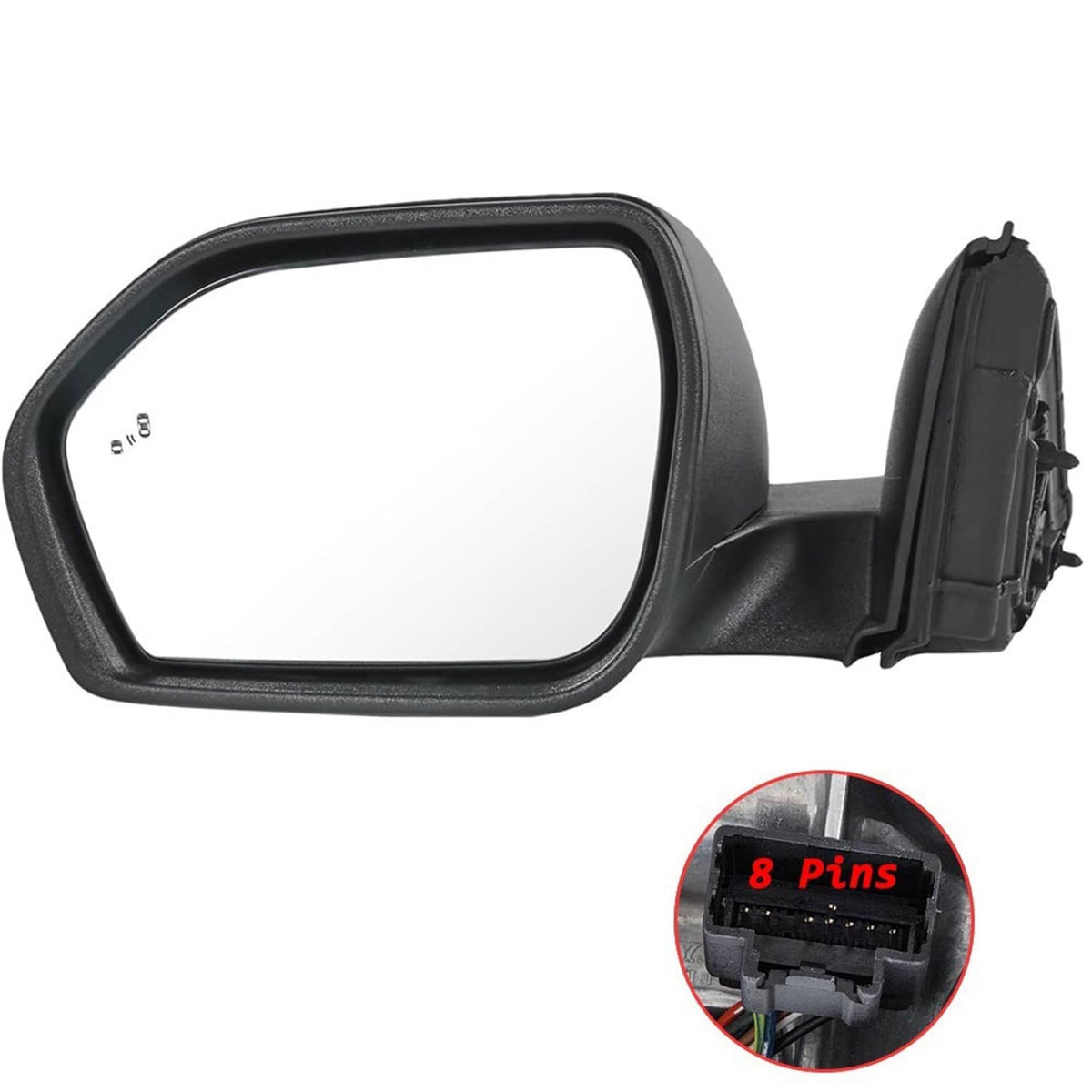 Left power mirror with black bezel and reflective glass; inset shows 8-pin connector.