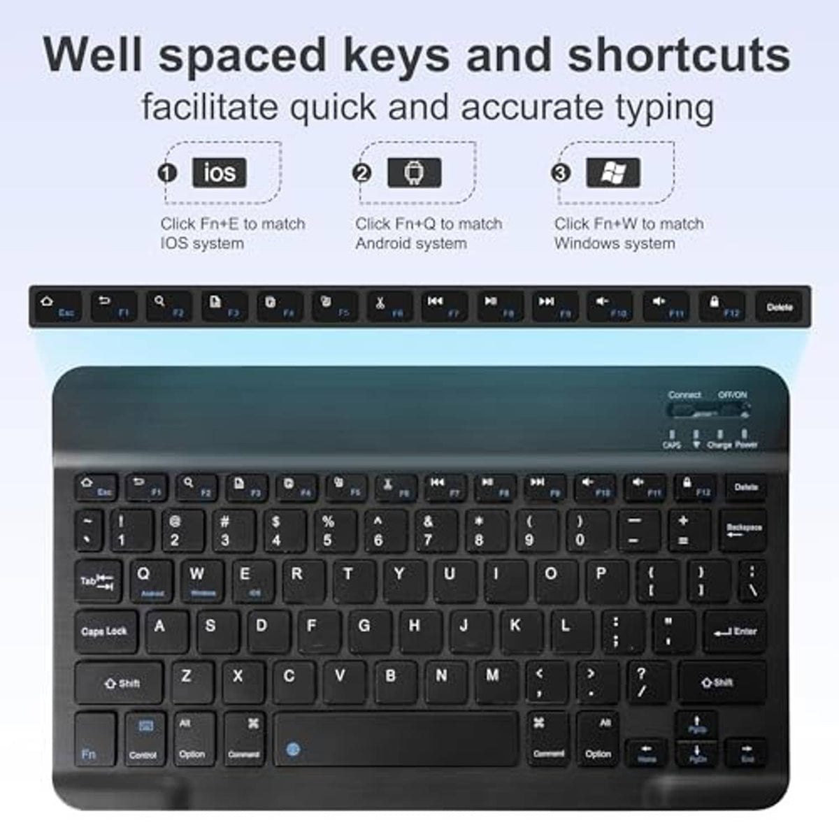 Black keyboard layout with well-spaced keys for quick typing