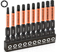 Assorted Torx star and double square bits arranged on a black holder base
