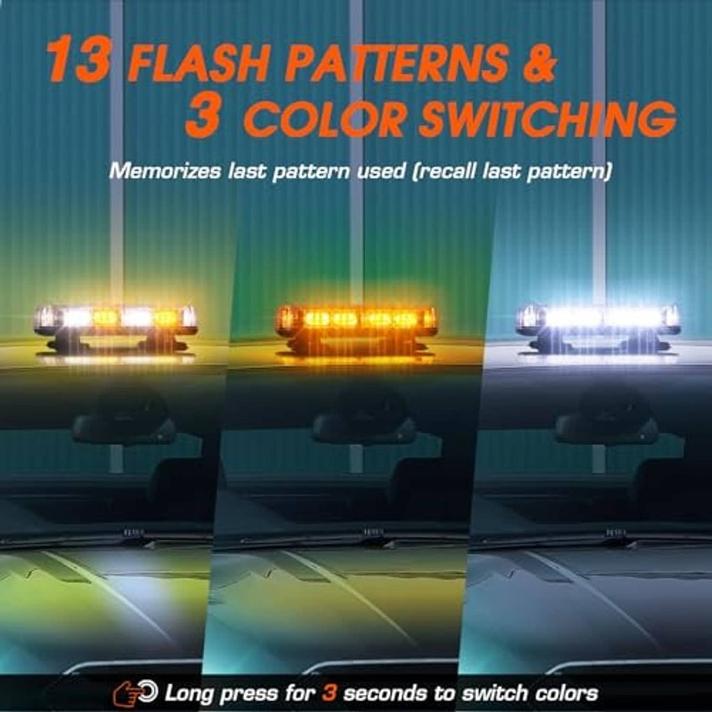3-color LED strobe warning light bar with amber and white illuminated sections