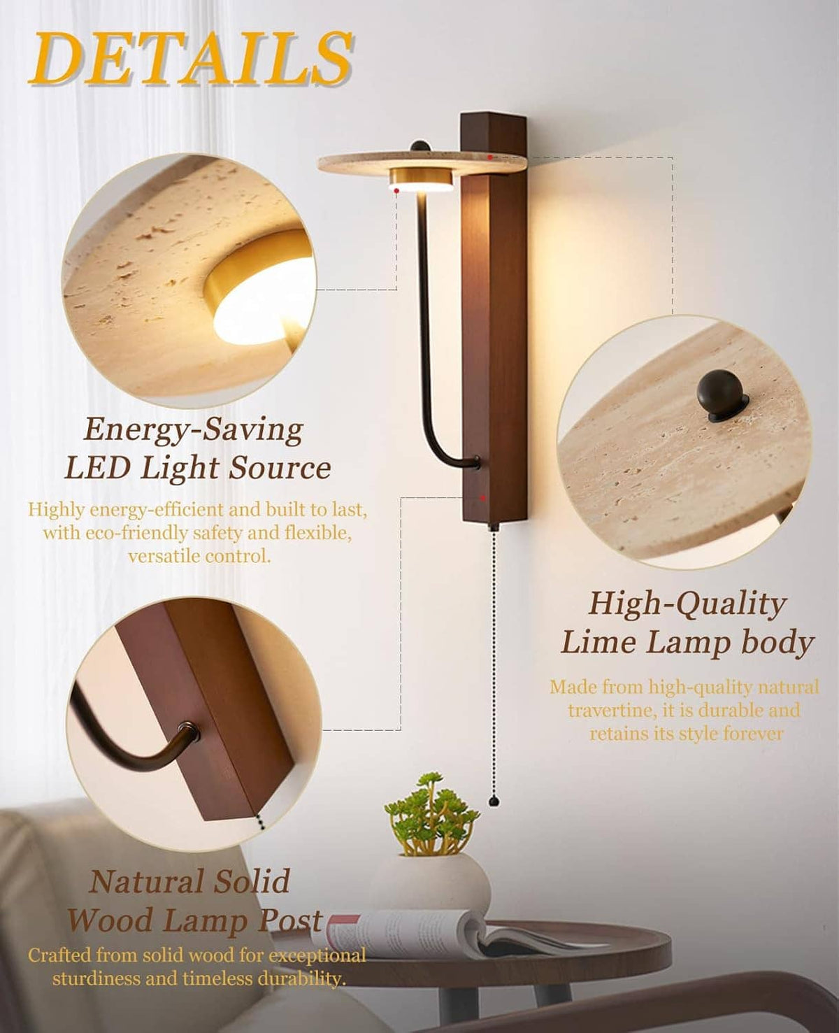 Round travertine shade wall sconce detail with black curved arm and wood back plate