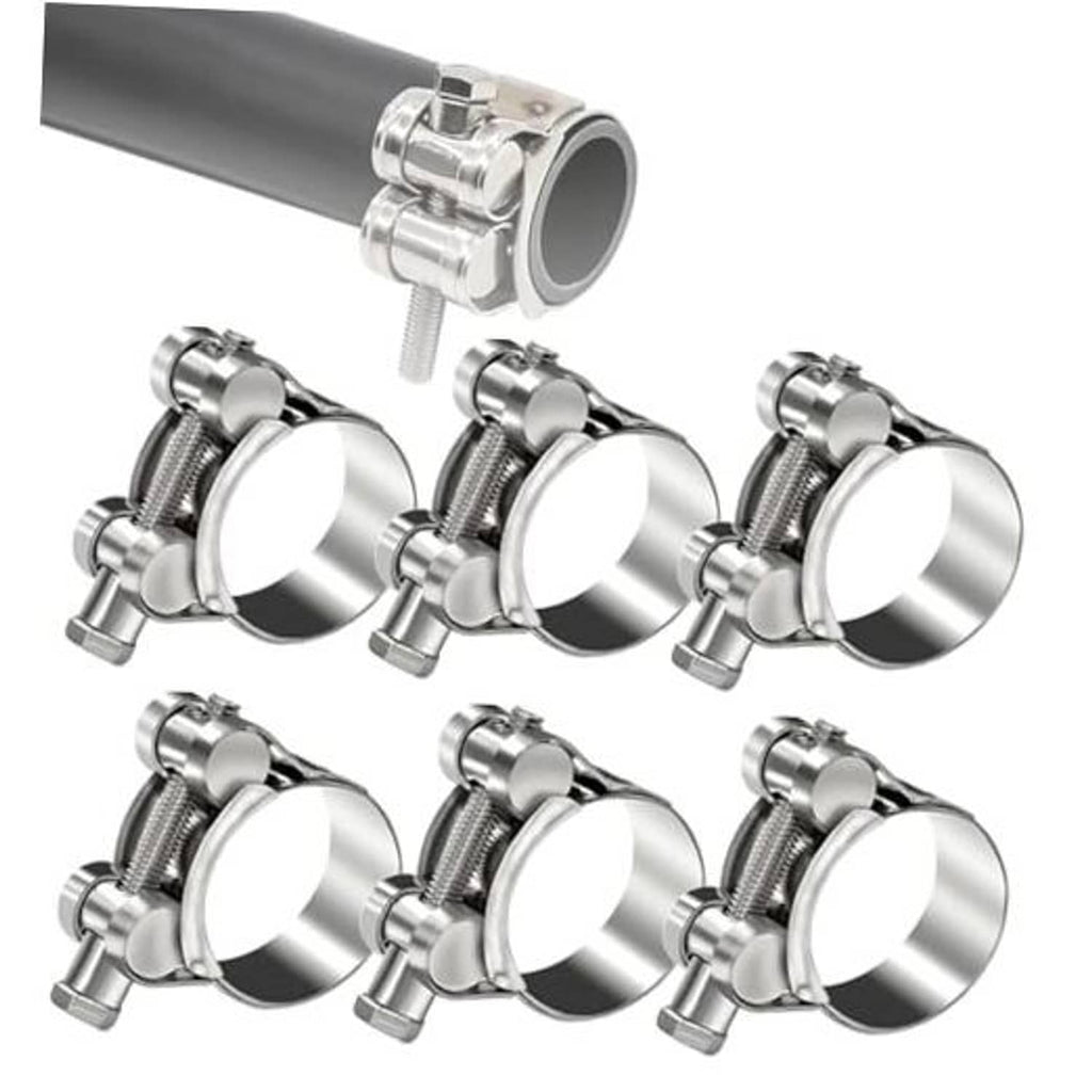 Stainless steel T-bolt hose clamps set, shown with attached hose