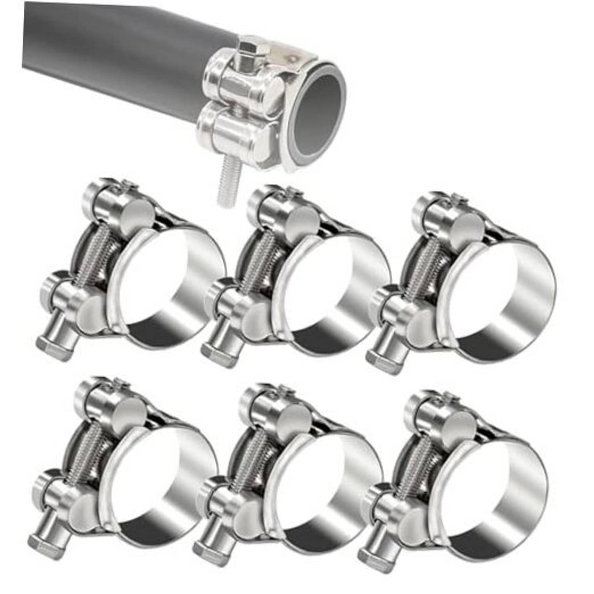 Stainless steel T-bolt hose clamps set, shown with attached hose