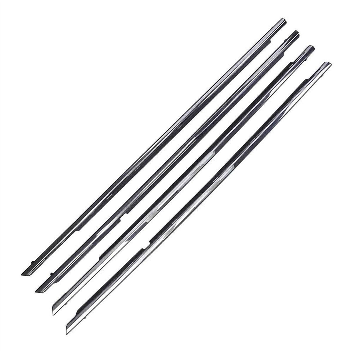 Window weather strip molding trim set with black rubber seals and chrome-like metal bars