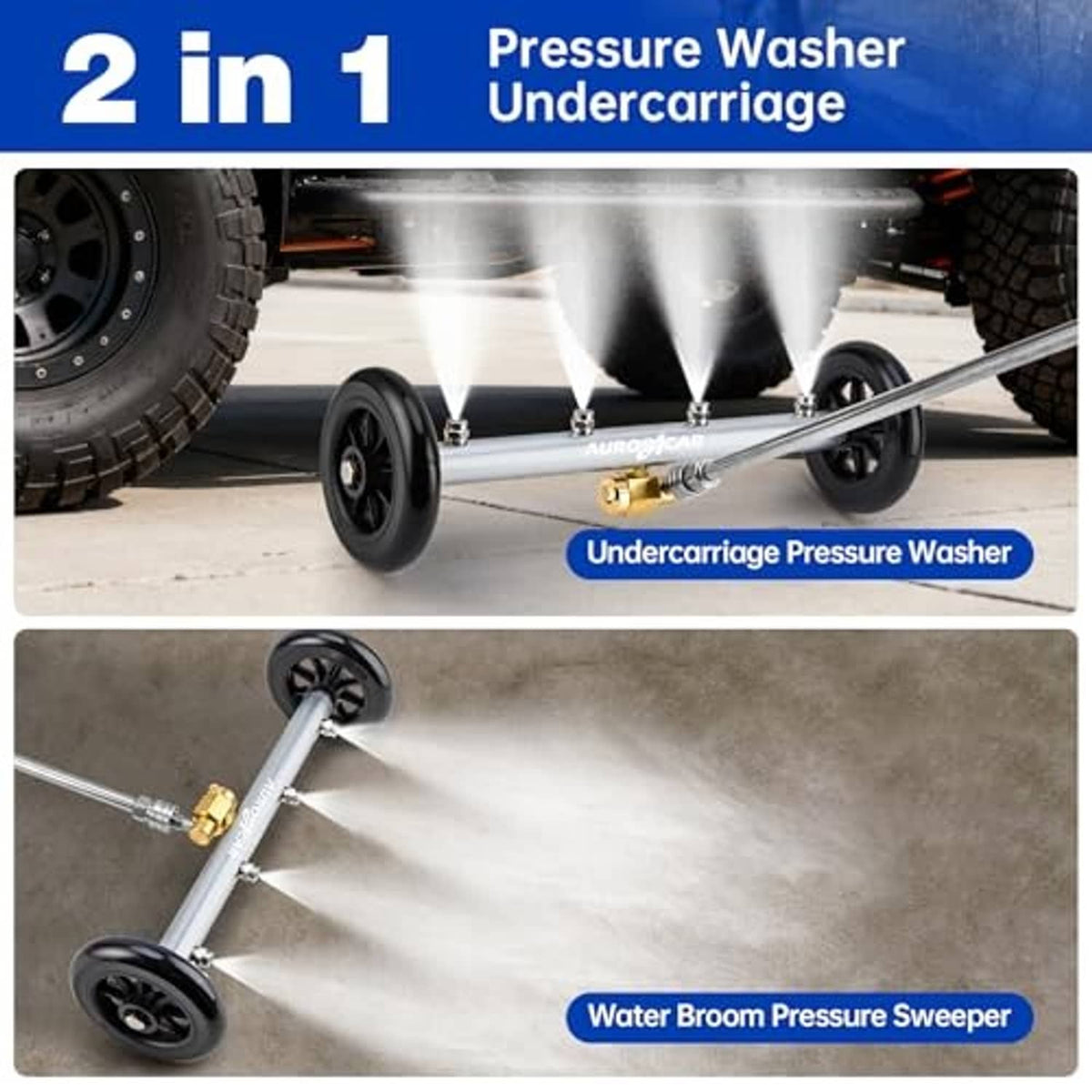 Undercarriage pressure washer attachment with black wheels and dual spray head nozzles