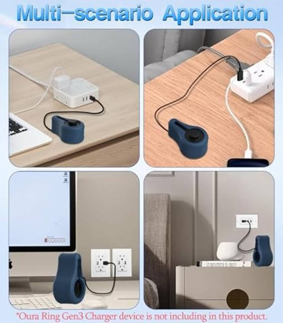 Blue silicone charger protector cover on a desk with USB-C cable connected