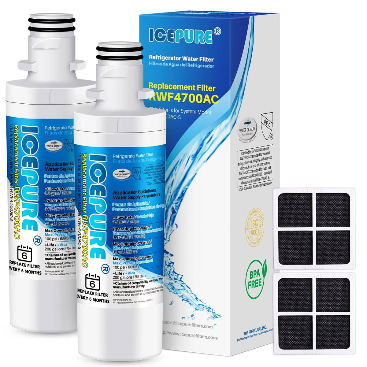 Refrigerator water filter cartridges with white housing and packaging box, 2-count