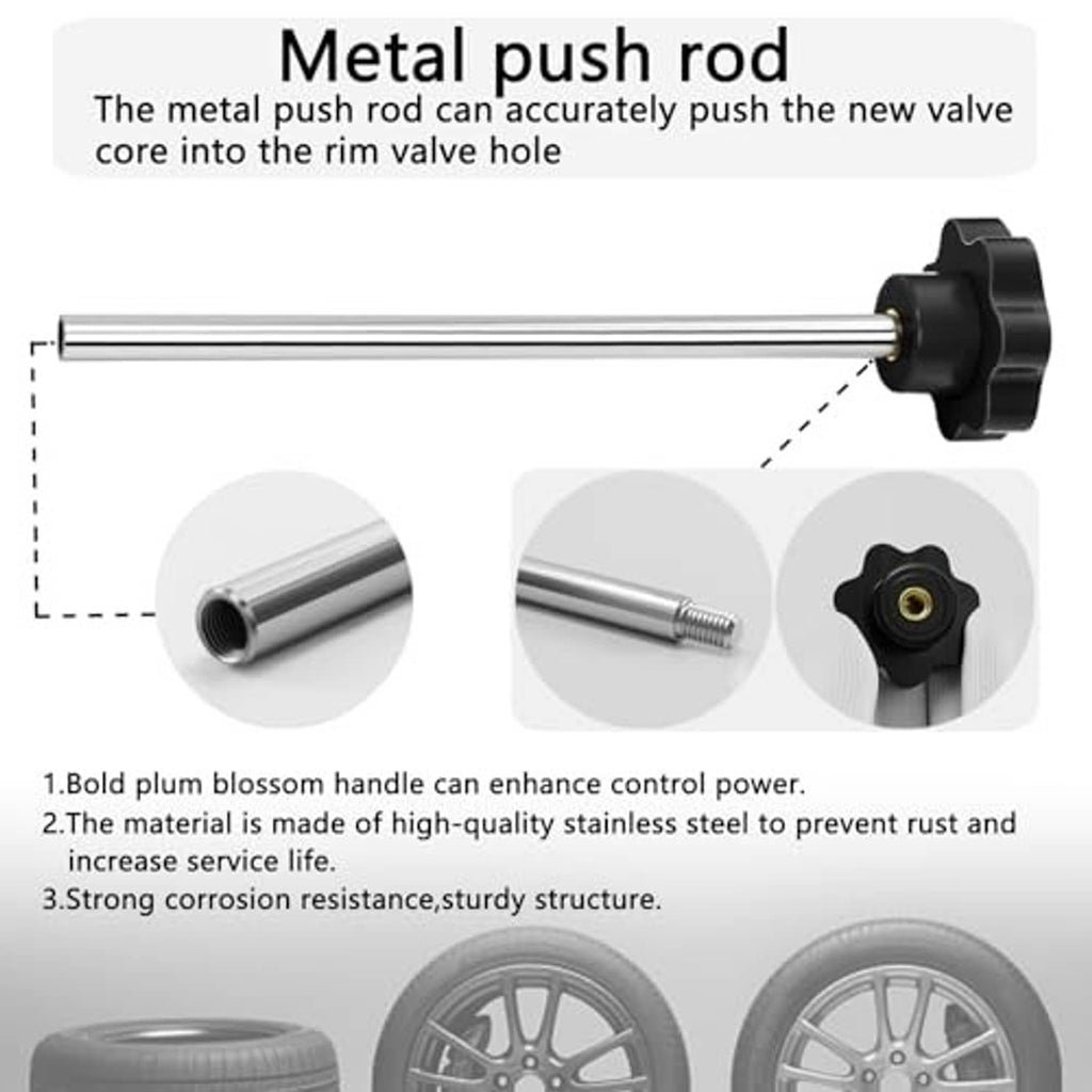Metal push rod tire valve tool with black clamp head for installing a new valve core