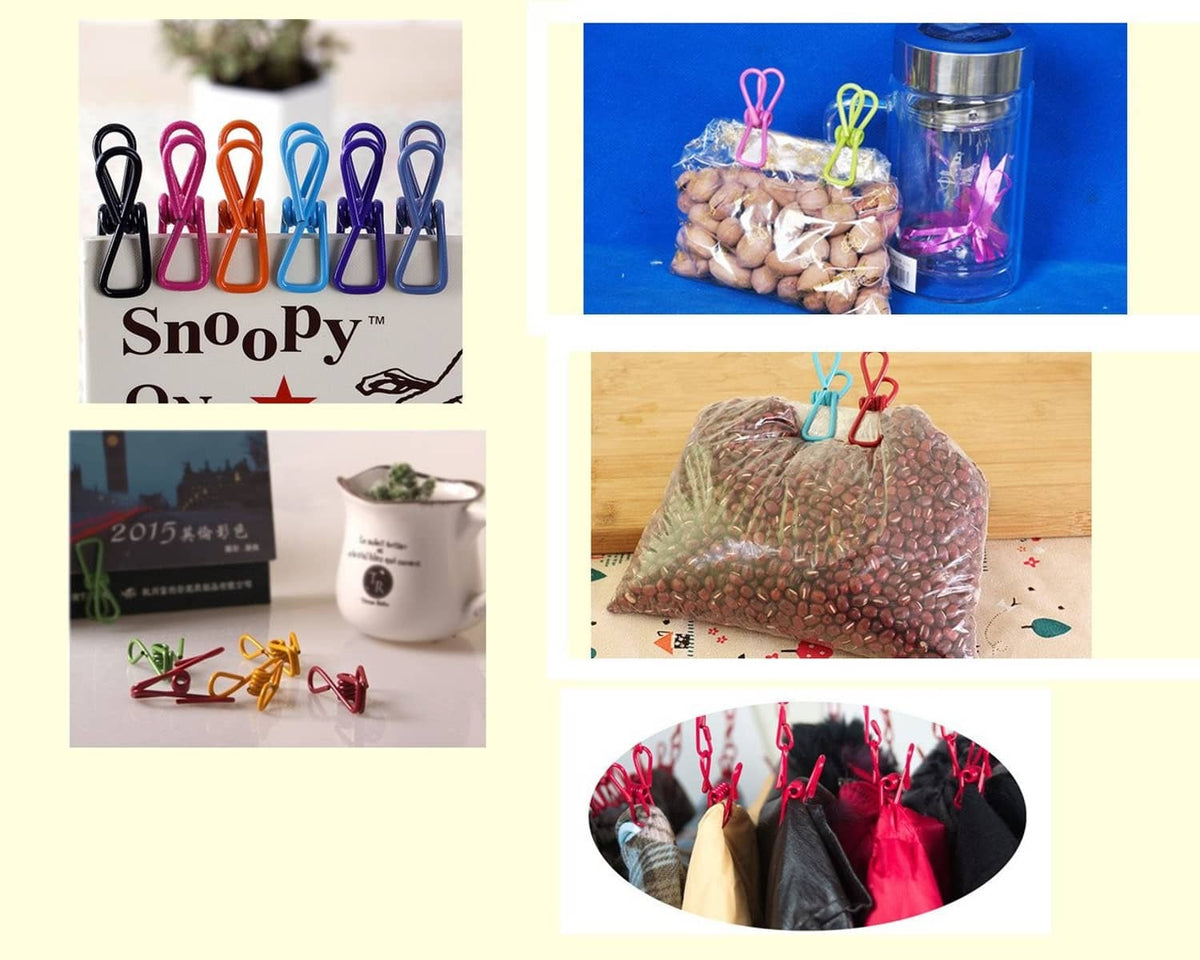 Assorted chip clips attached to plastic bags in multiple colors