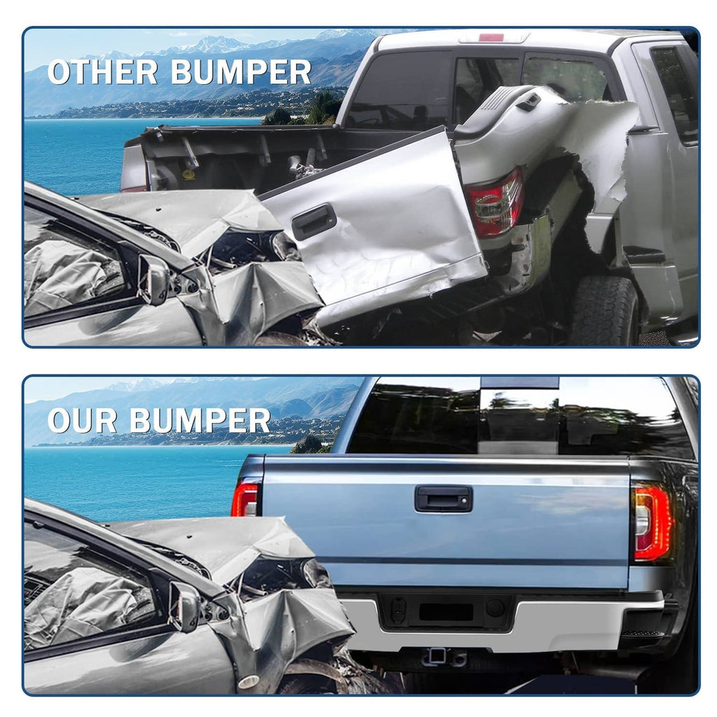 Chrome rear step bumper assembly shown alongside rear bumper damage comparison