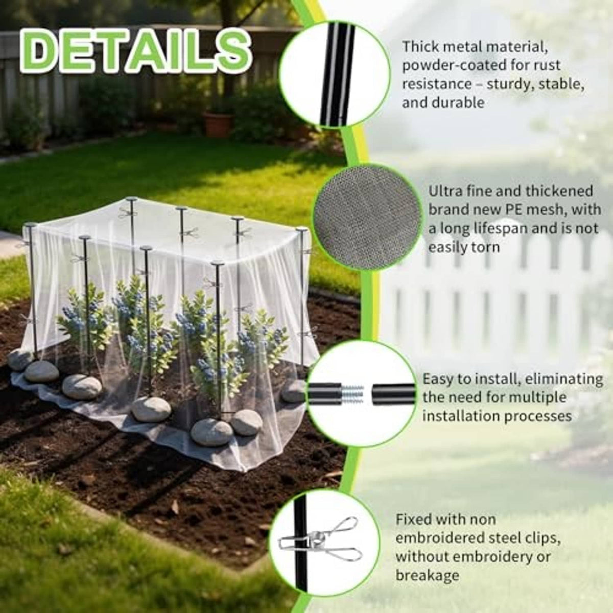 Powder-coated metal stakes and fine PE mesh for sturdy raised bed netting