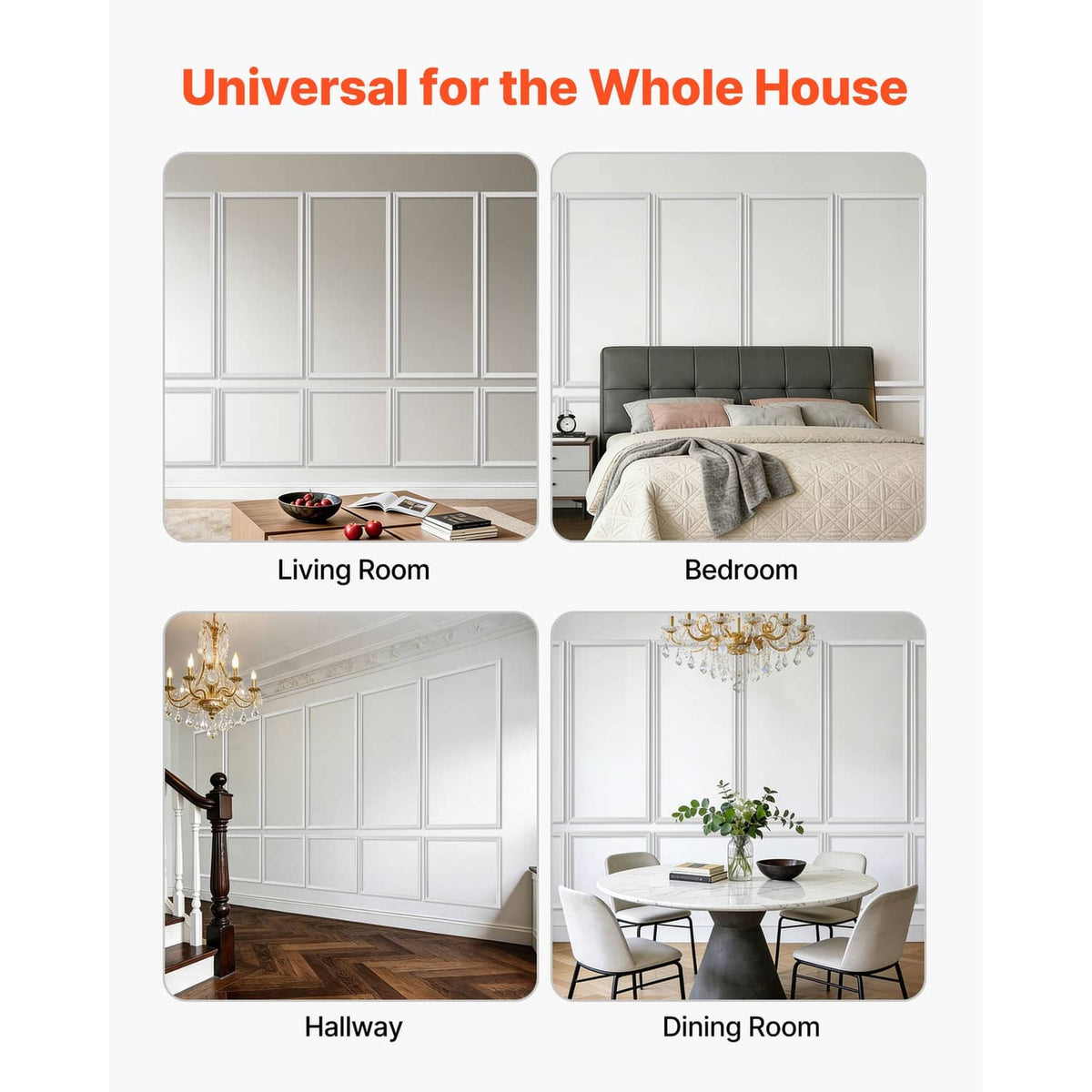 White wall molding accent trim set shown for living room, bedroom, hallway, and dining