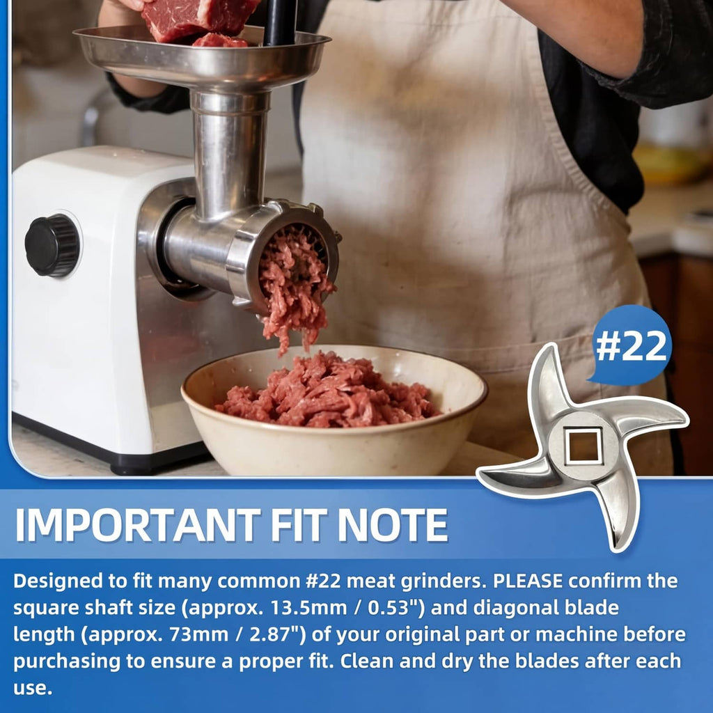 Stainless steel #22 meat grinder blade and ground meat at grinder feed chute
