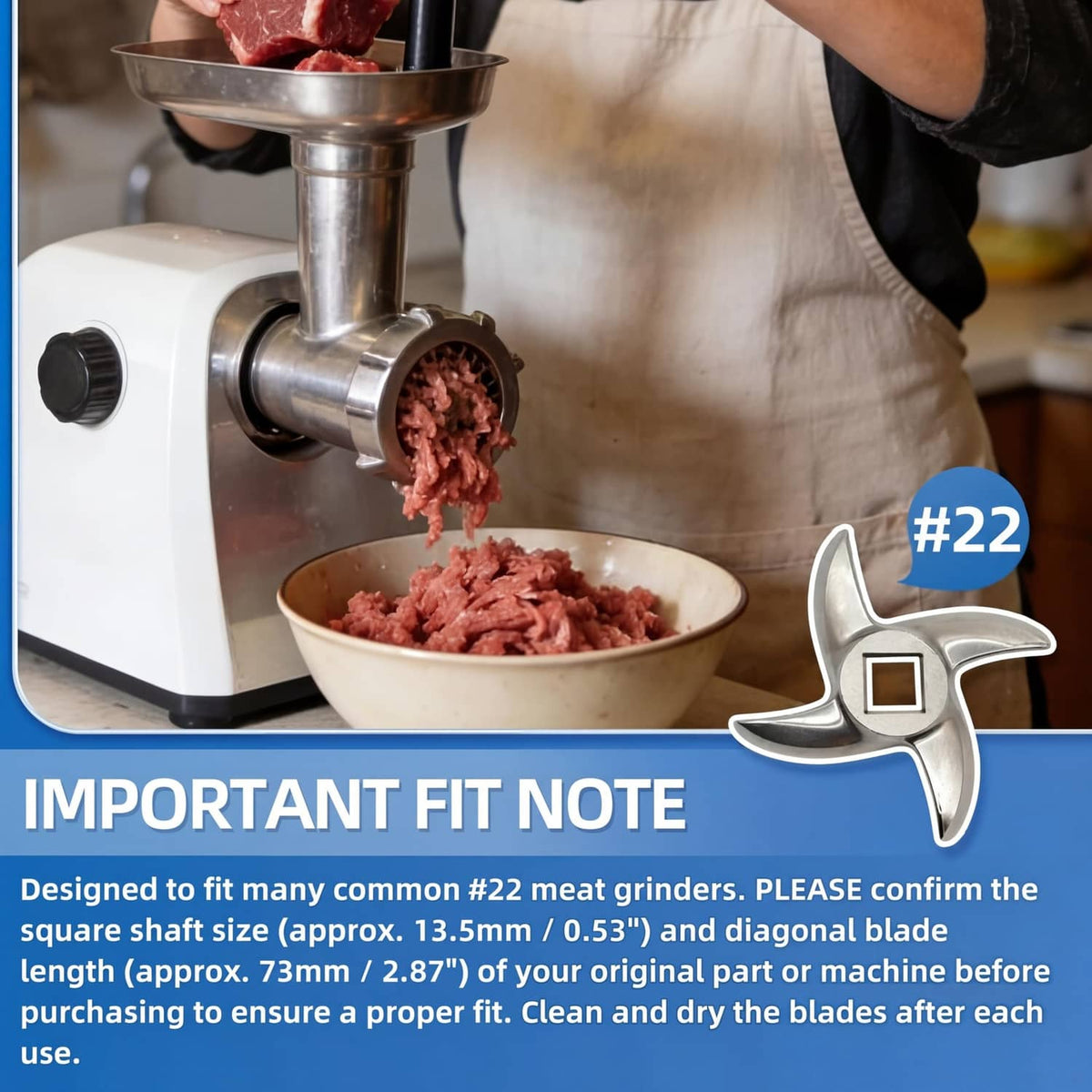 Stainless steel #22 meat grinder blade and ground meat at grinder feed chute