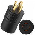 Black NEMA generator adapter with gold 4-prong male plug and round twist-lock socket