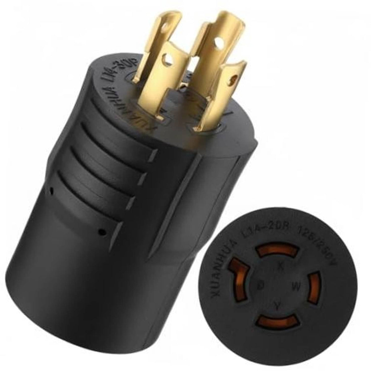 Black NEMA generator adapter with gold 4-prong male plug and round twist-lock socket