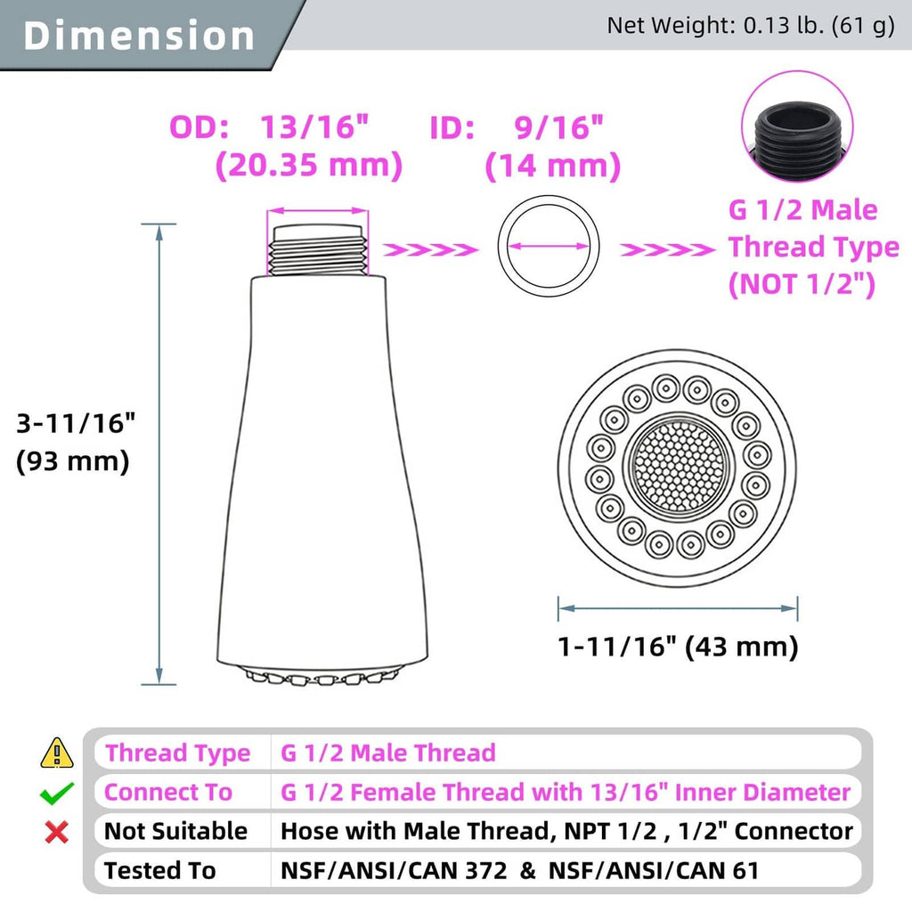 Brushed nickel shower head dimensions diagram: 3-11/16 in height, 1-11/16 in diameter