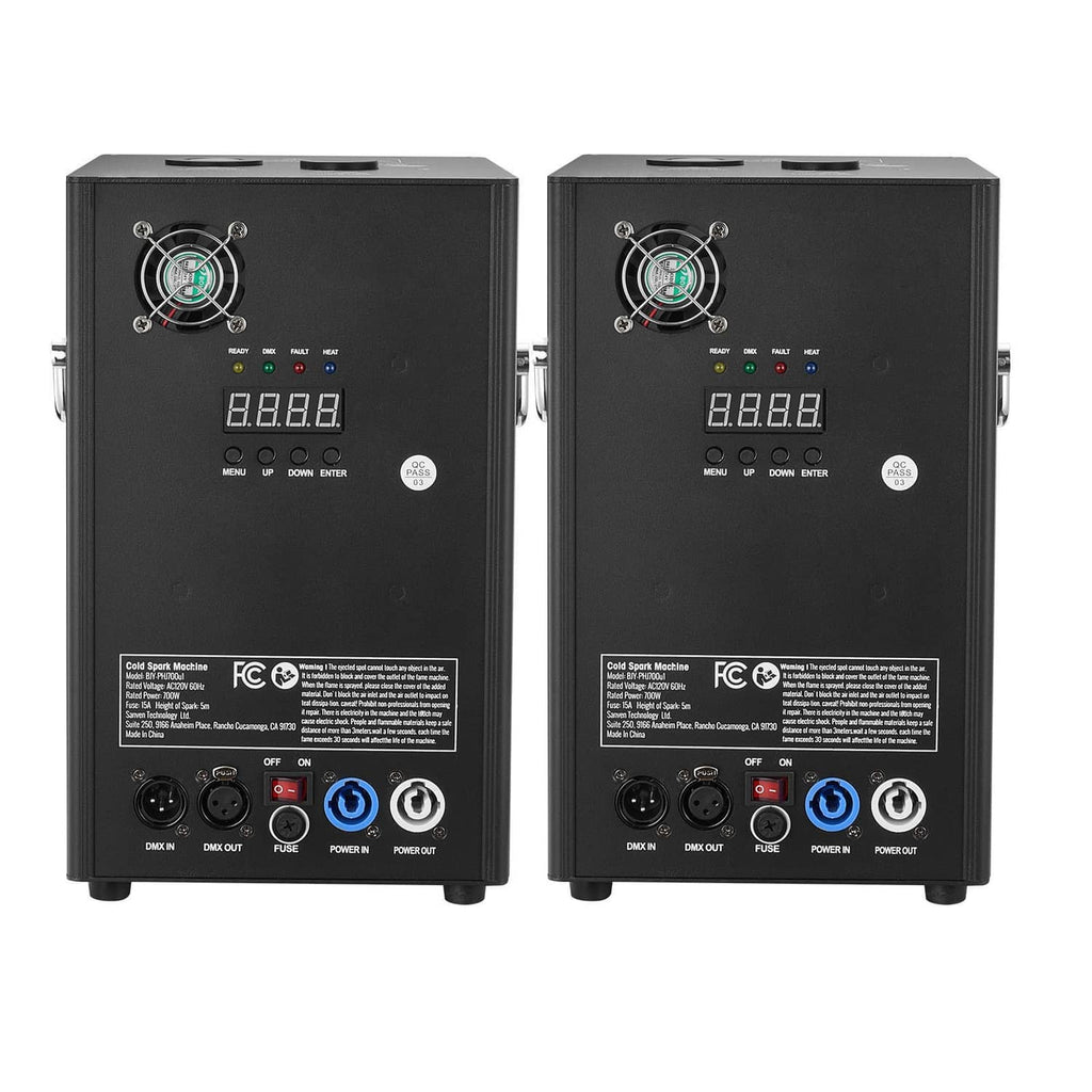 Two black cold spark machines with front control panel and circular fan graphic