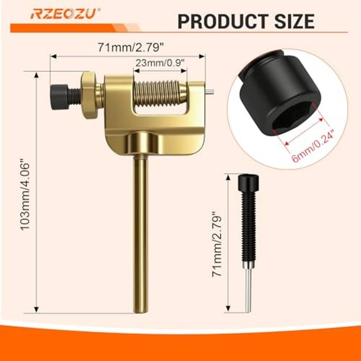 Motorcycle chain breaker tool size diagram with measurement callouts in mm