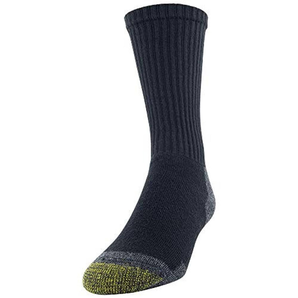 Single men's crew sock, dark black with ribbed leg and olive-green toe panel