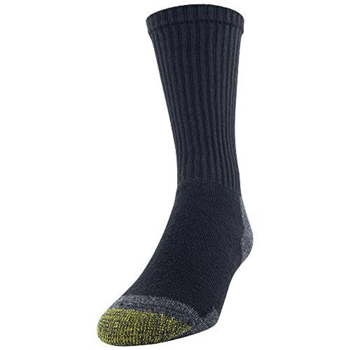 Single men's crew sock, dark black with ribbed leg and olive-green toe panel