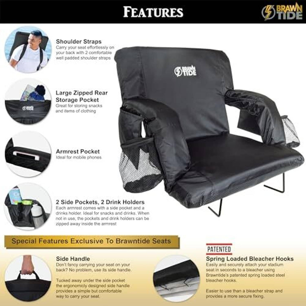 Black stadium seat with zipped rear storage pocket, armrest pockets, and side holders