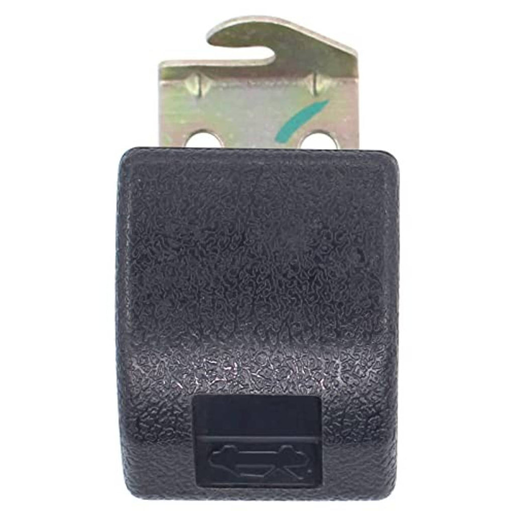 Hood lock release handle front view with black textured cover and metal mounting tabs