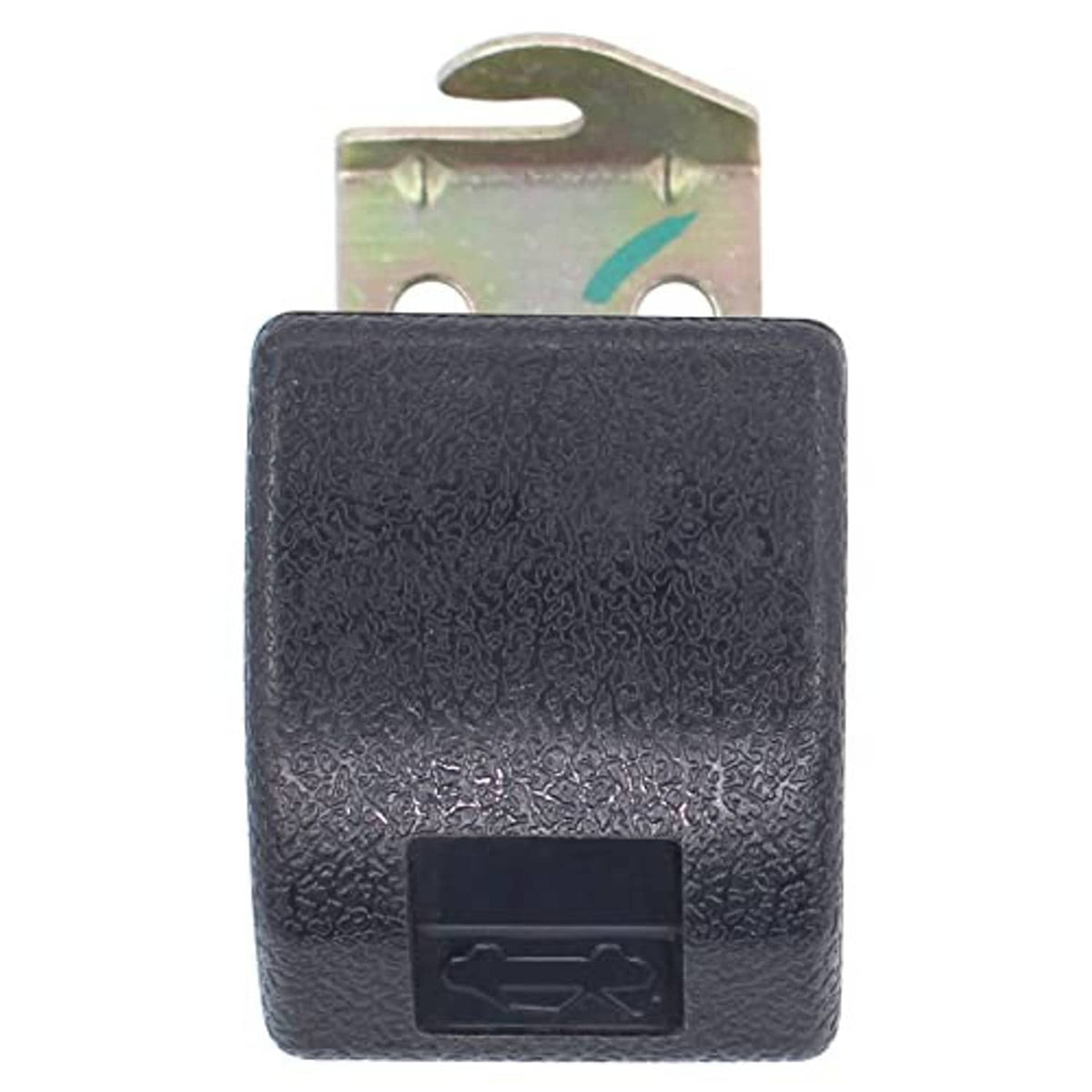 Hood lock release handle front view with black textured cover and metal mounting tabs