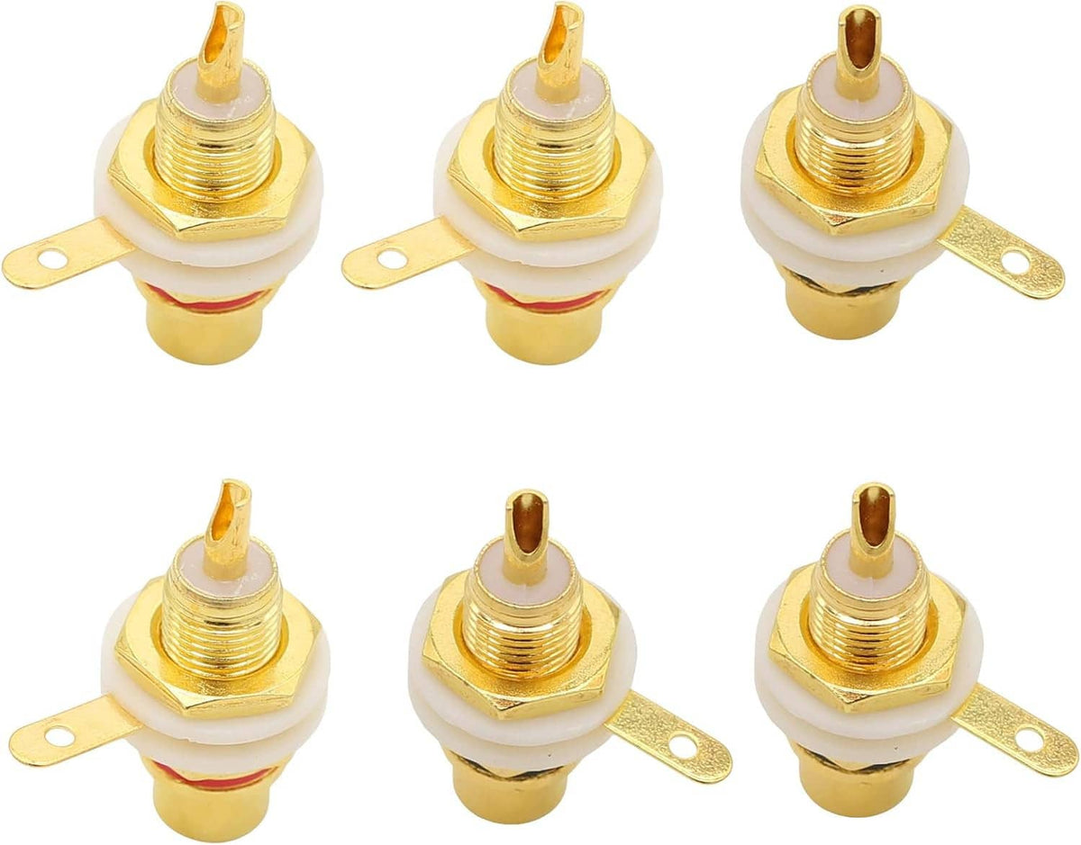 Gold-plated RCA panel-mount audio sockets, 6-pack, front view with mounting tabs