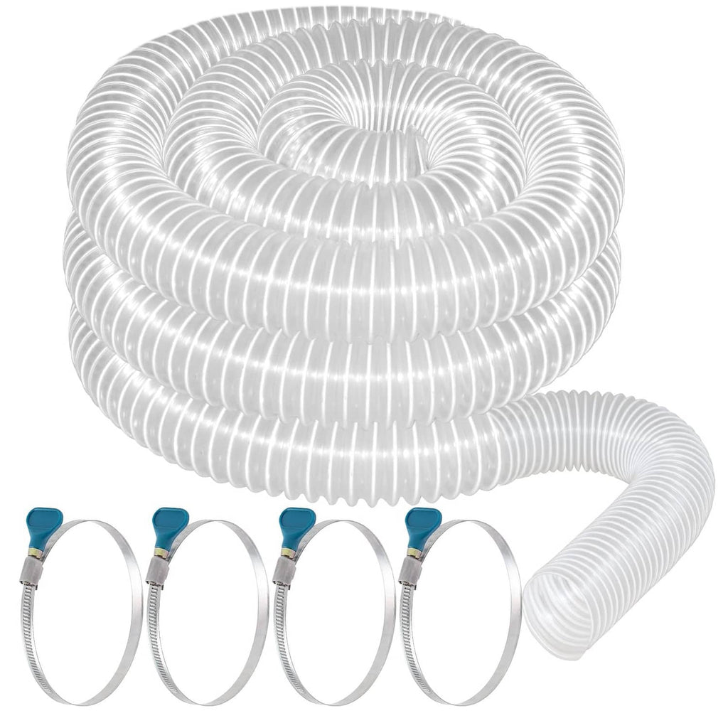 Clear PVC dust collection hose coil with blue clamp fittings and corrugated outlet