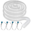 Clear PVC dust collection hose coil with blue clamp fittings and corrugated outlet