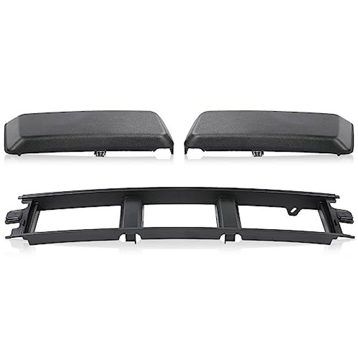 Front bumper grille trim cover panels with underside backing frame, black