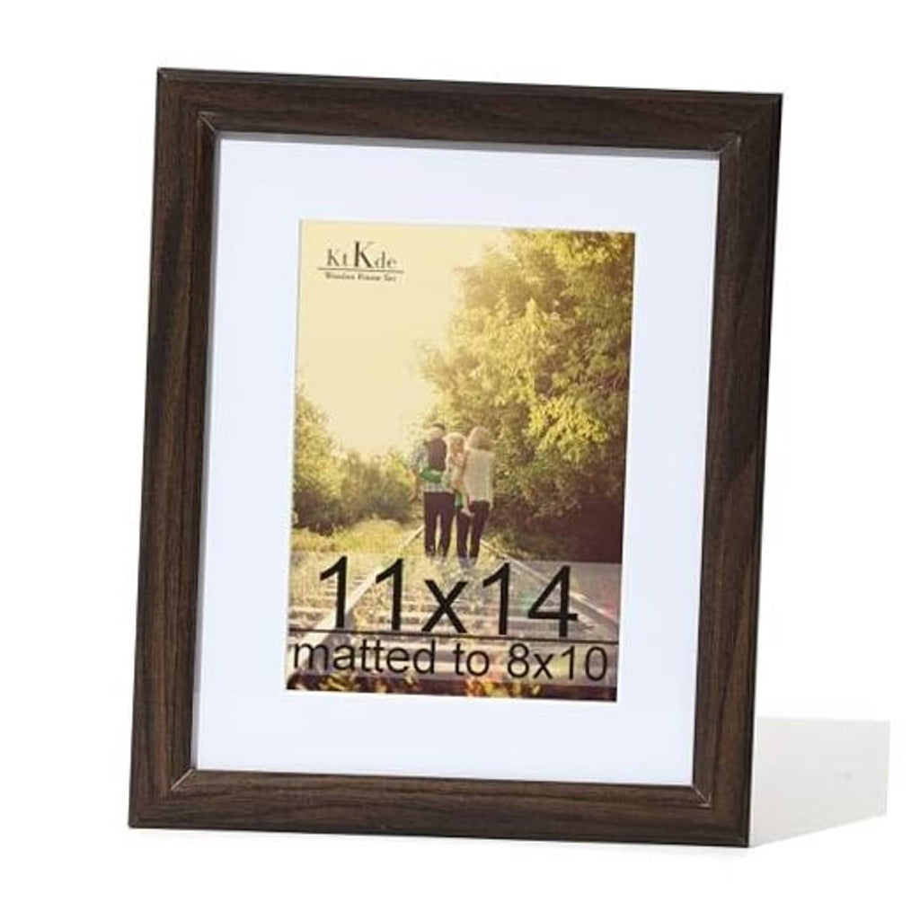 Walnut woodgrain picture frame with real glass and mat, displaying a 11x14 photo