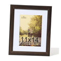 Walnut woodgrain picture frame with real glass and mat, displaying a 11x14 photo