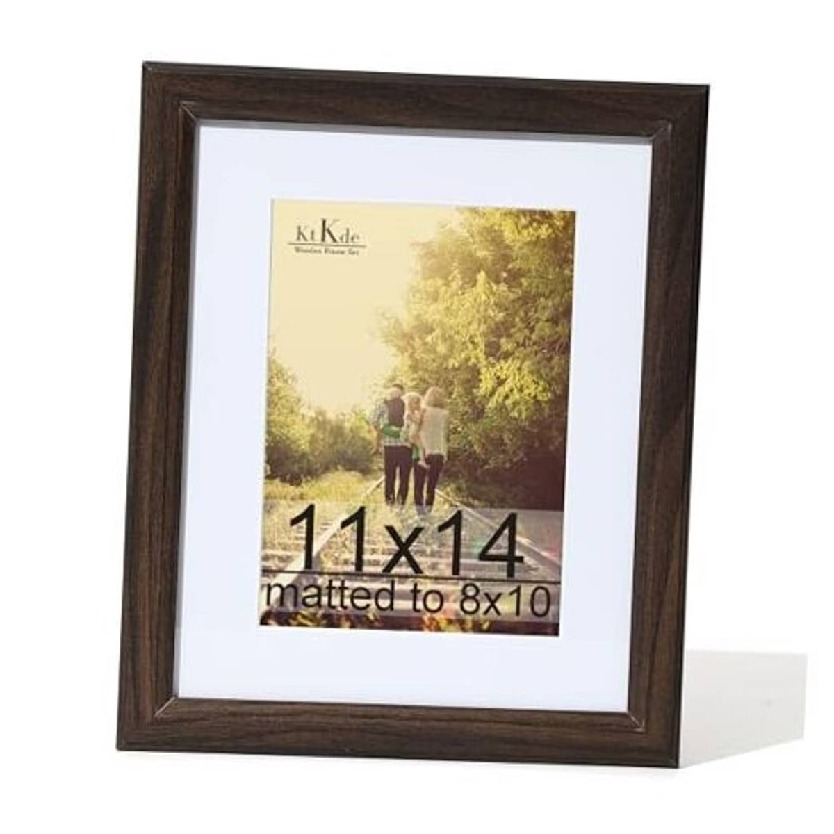 Walnut woodgrain picture frame with real glass and mat, displaying a 11x14 photo