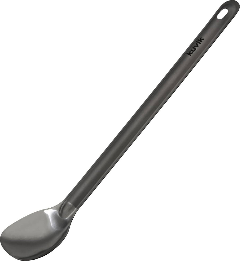 Titanium spoon with black handle, hanging loop and oval bowl