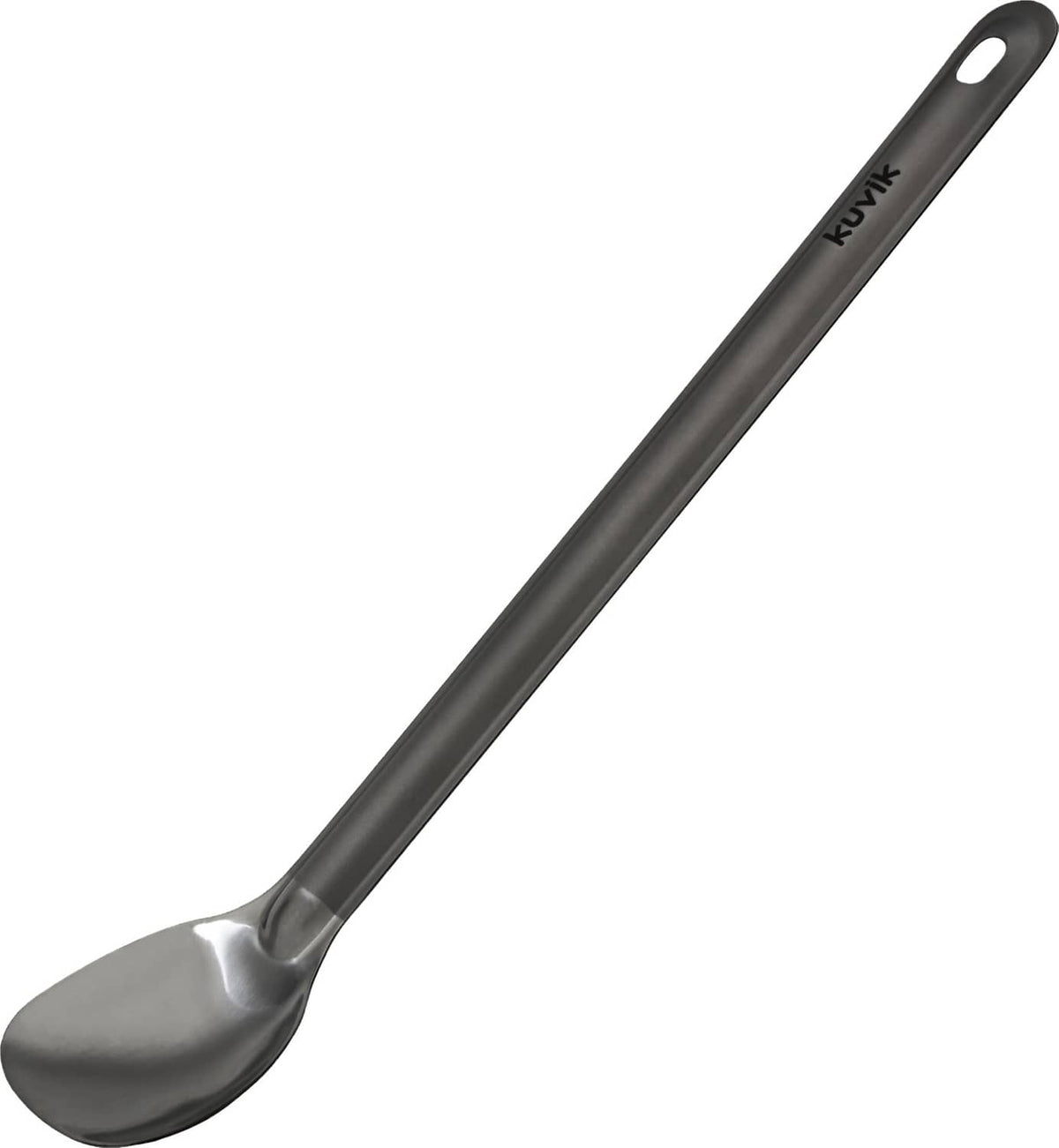 Titanium spoon with black handle, hanging loop and oval bowl