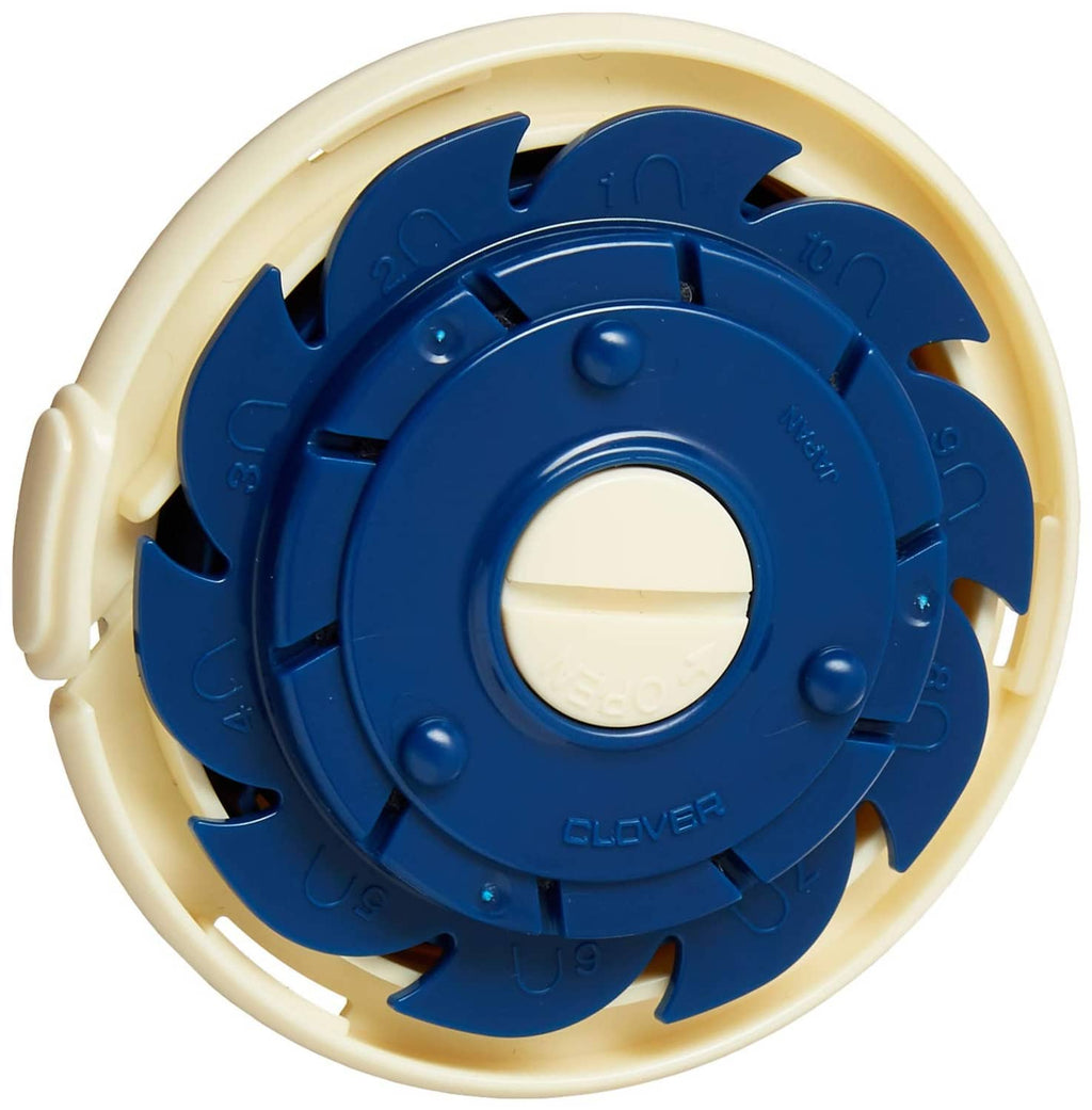 Dome threaded needle case with blue threaded-needle holder in cream ring