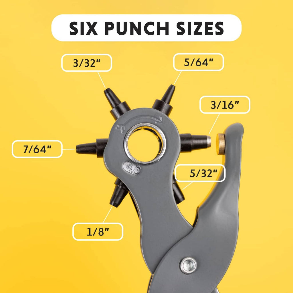 Rotating-head leather hole punch pliers showing six punch settings