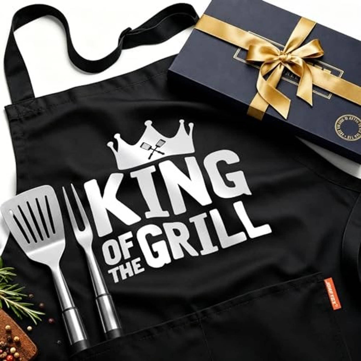 Black 'King of the Grill' apron with crown-and-fork graphic; adjustable neck strap