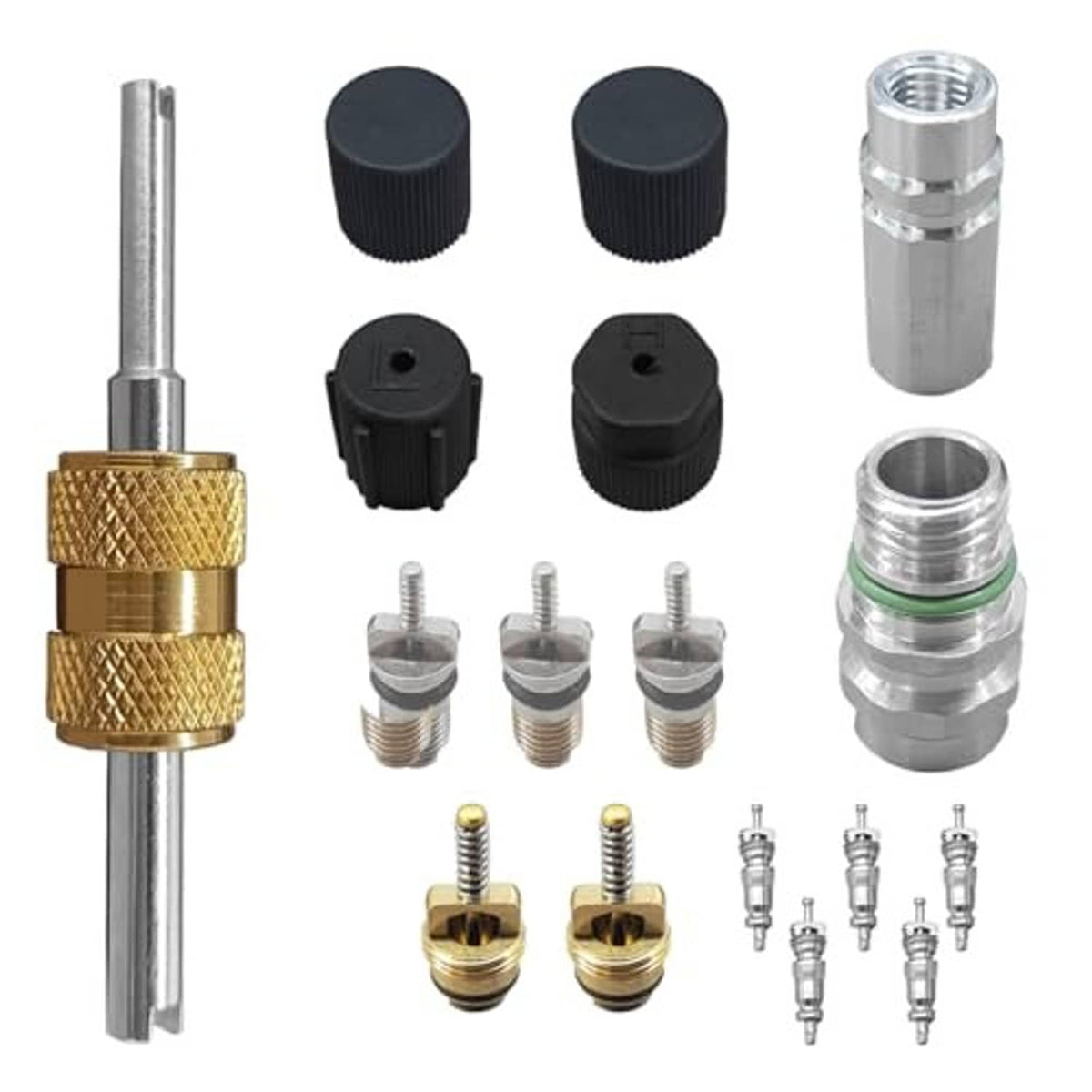 17-piece car A/C valve core kit, brass adapter, black caps, and silver valve stems