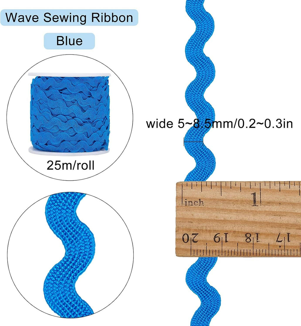 Blue wave sewing ribbon trim, 5–8.5mm wide, wavy edge fringe on 25m spool.