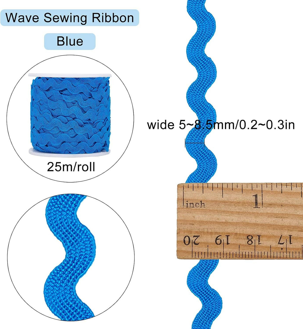 Blue wave sewing ribbon trim, 5–8.5mm wide, wavy edge fringe on 25m spool.