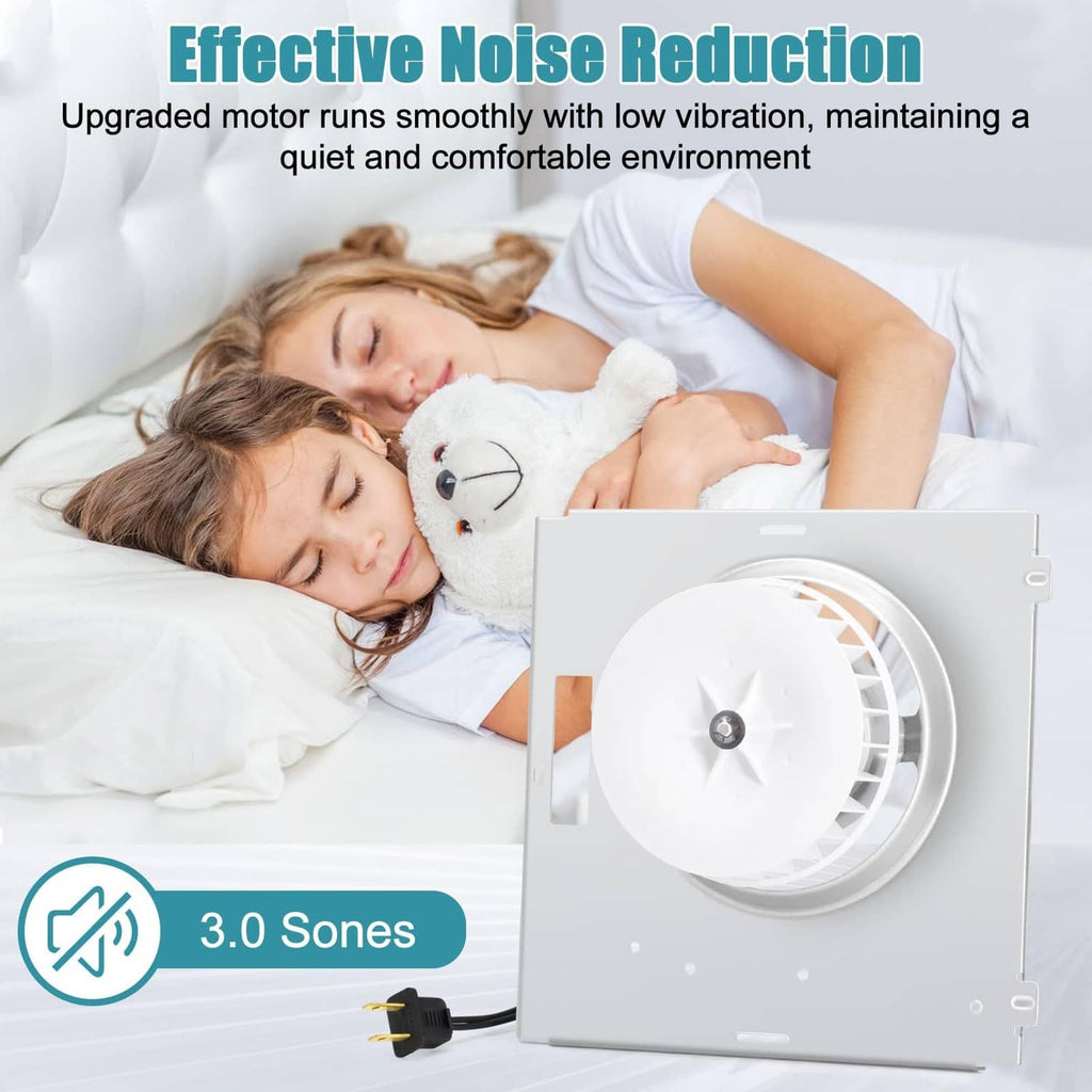 Bathroom fan motor assembly with white fan wheel in metal housing for quiet operation