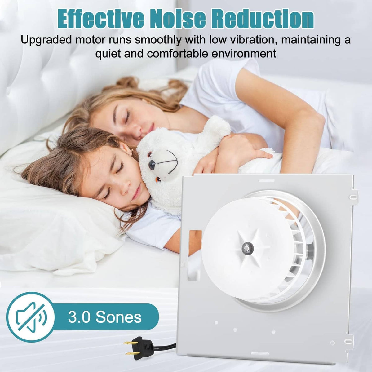 Bathroom fan motor assembly with white fan wheel in metal housing for quiet operation